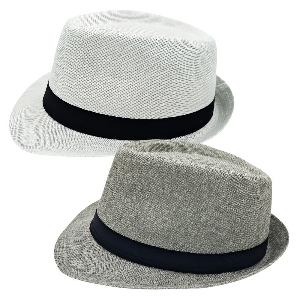 8997 2 Pack Short Brim Fedora Classic 20s Trilby Panama Hats Summer Travel